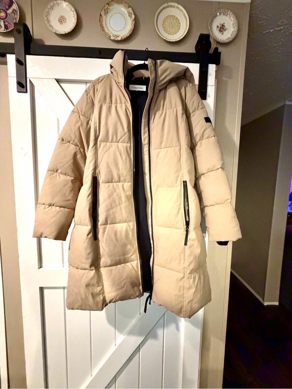 Calvin Klein Women's XL Light Beige Long Puffer Coat with Faux Fur Lined Hood